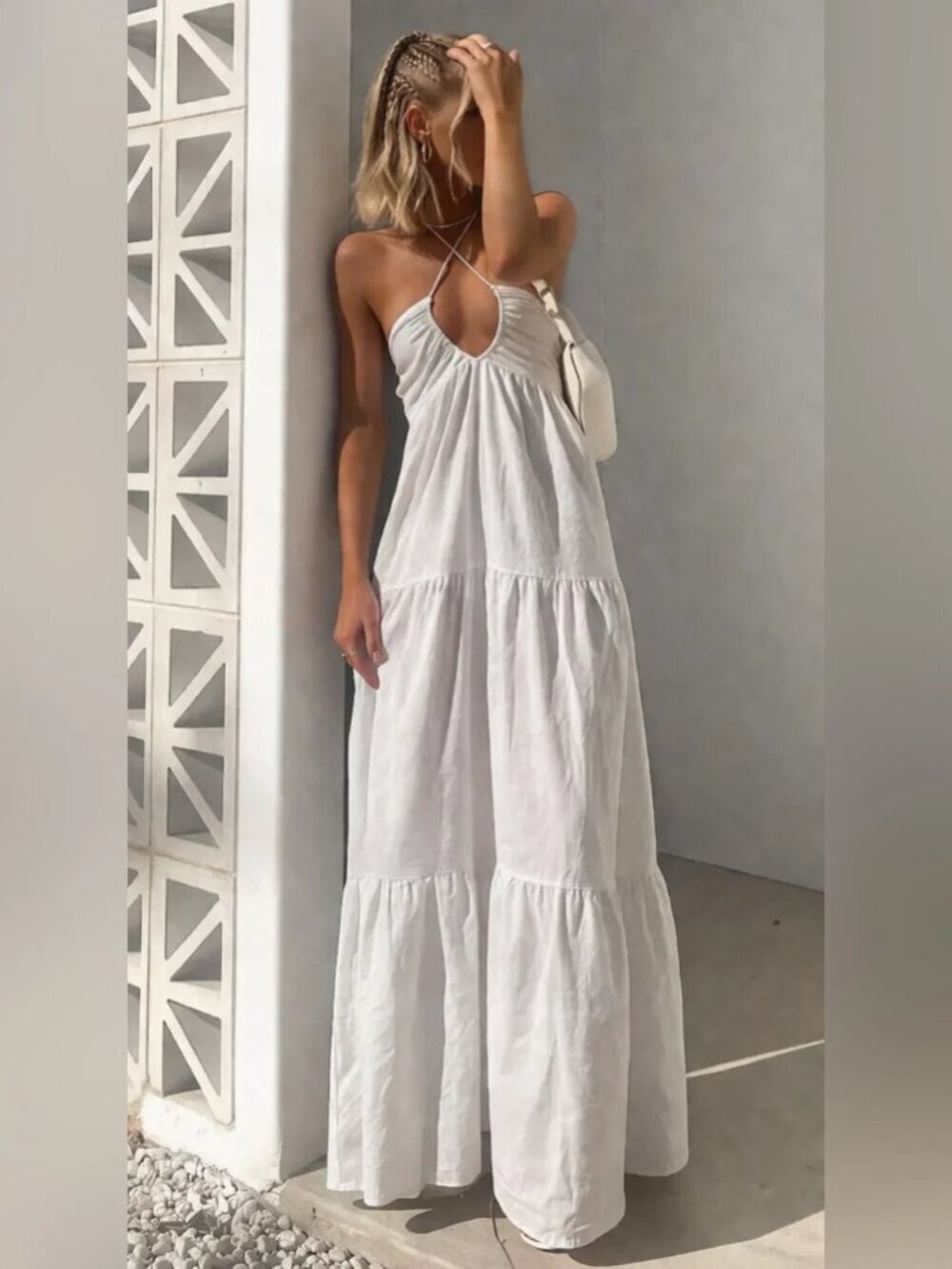 Princess Polly White Halter Tiered Maxi Dress Linen Blend NWT White Size 2